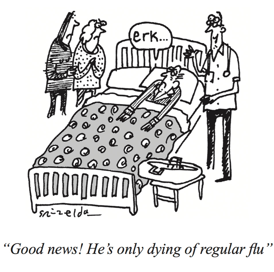 Image result for cartoon he died  from normal flu